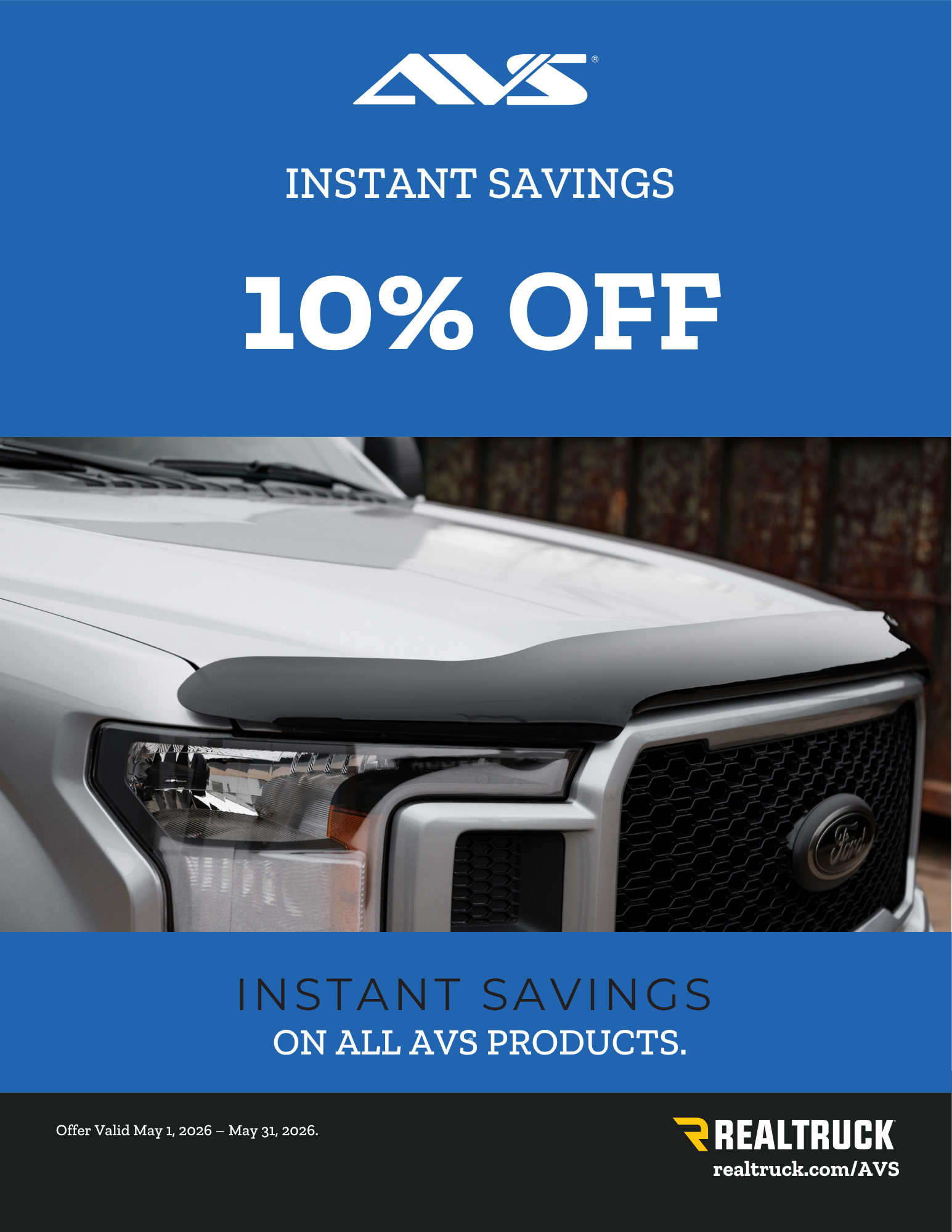 AVS instant savings advertisement featuring 10% off all products.