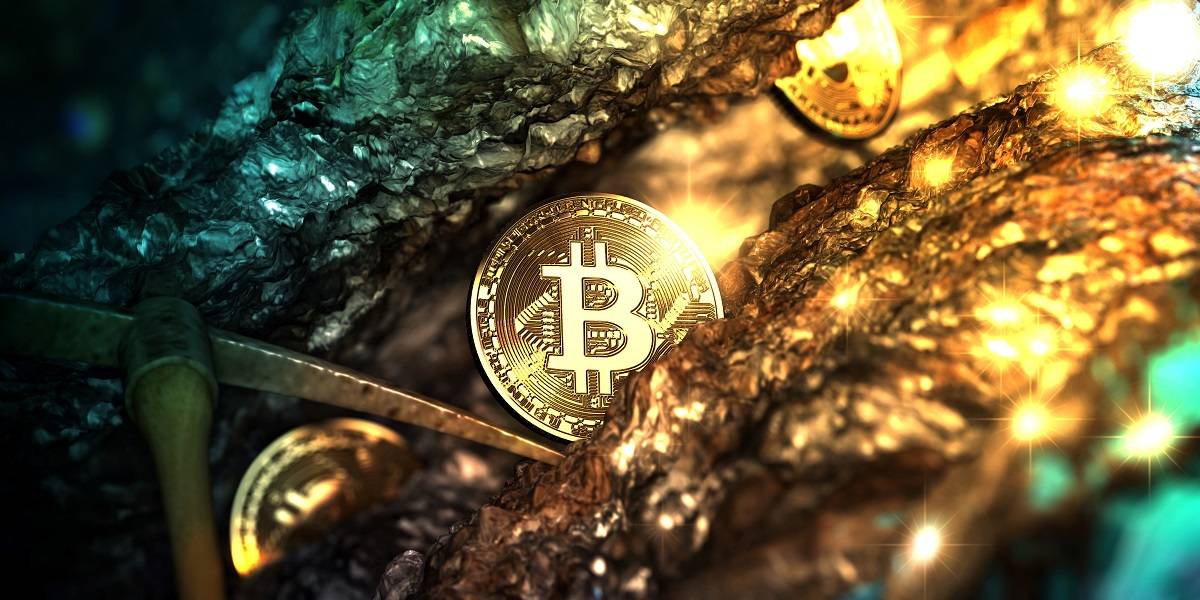 Golden Bitcoin in a coal mine