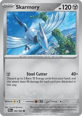 Skarmory Pokémon card featuring attack details and health points.