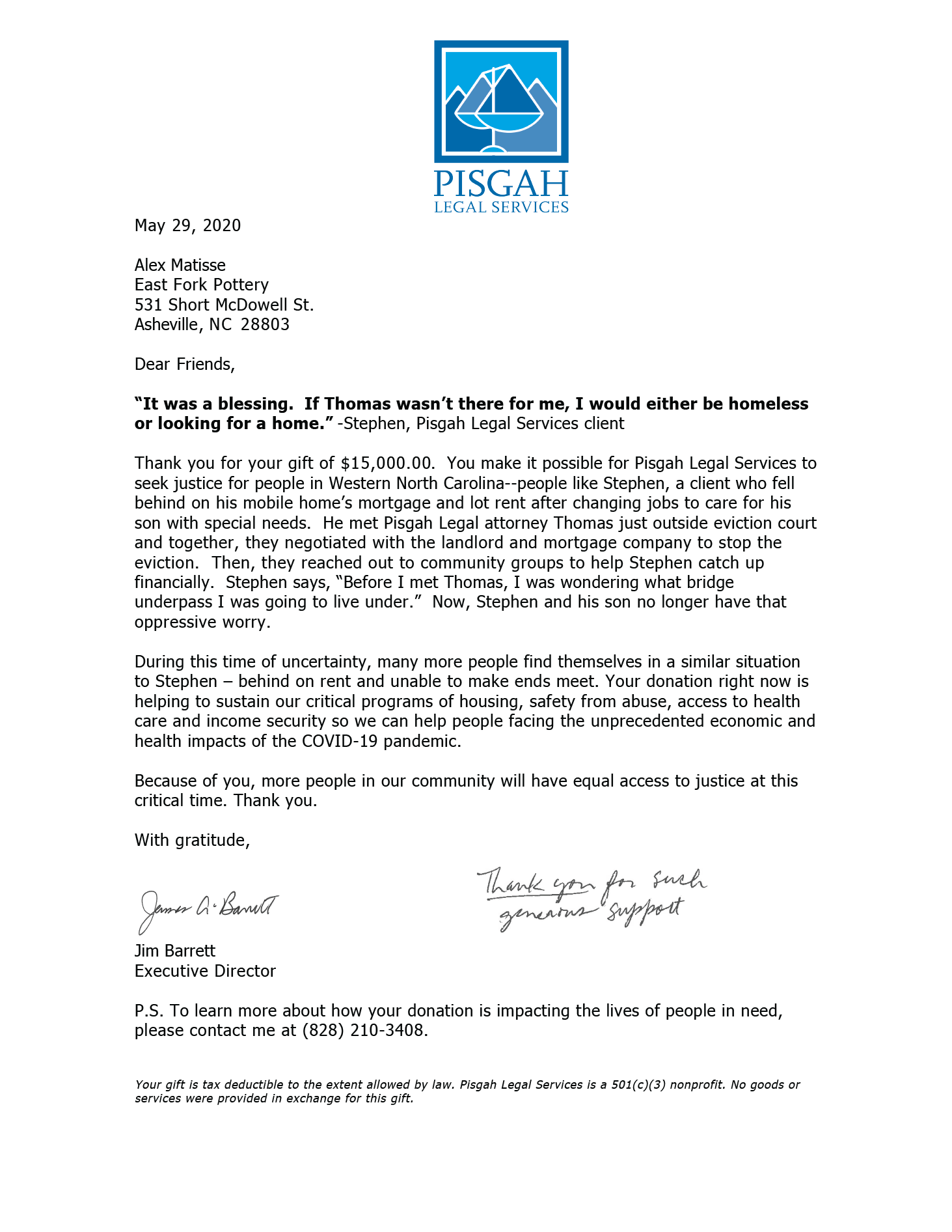 Pisgah Legal Services Donation from East Fork