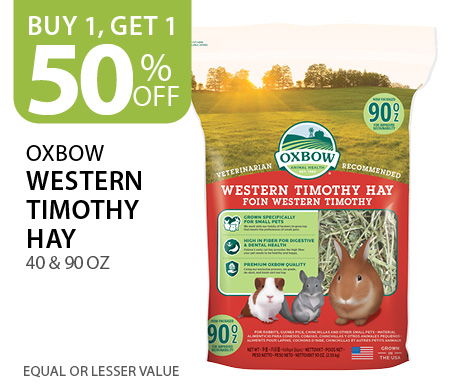 Buy 1, get 1 50% off Oxbow Wester Timothy Hay 40 & 90 oz. Equal or lesser value