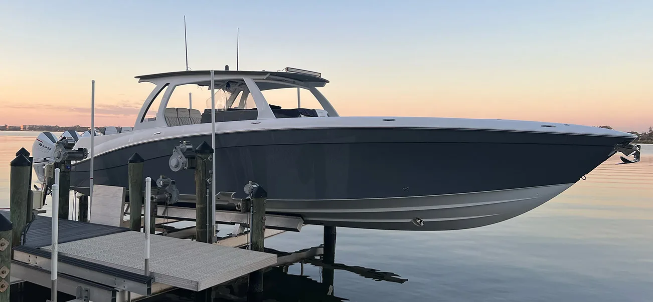 Exterior view of Ryan's 44-foot Concept boat with HornBlasters Conductor's Special 544K Nightmare Edition train horn kit featured customer install gallery photo 1