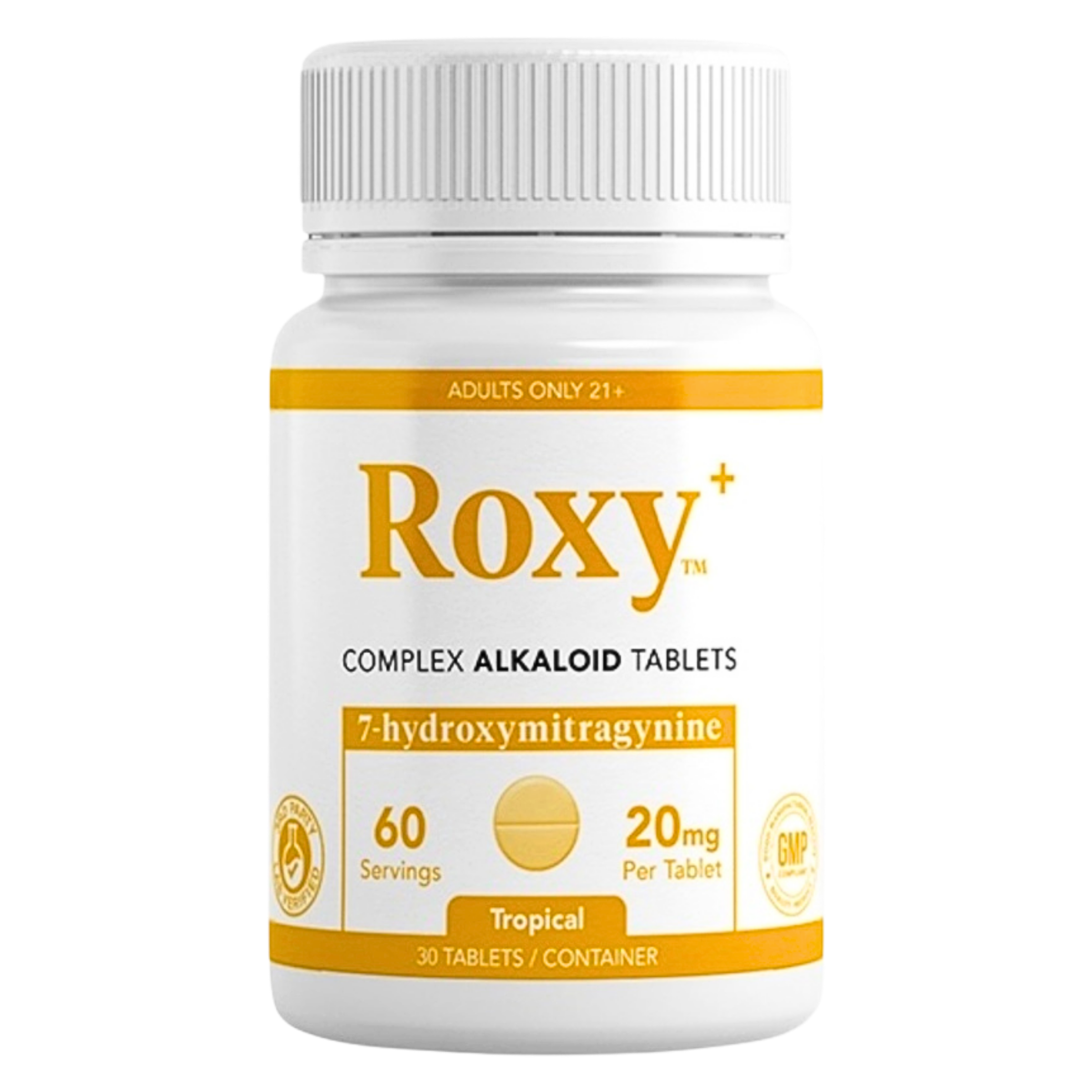 Bottle of Roxy complex alkaloid tablets, tropical flavor, 60 servings, 20 mg per tablet.
