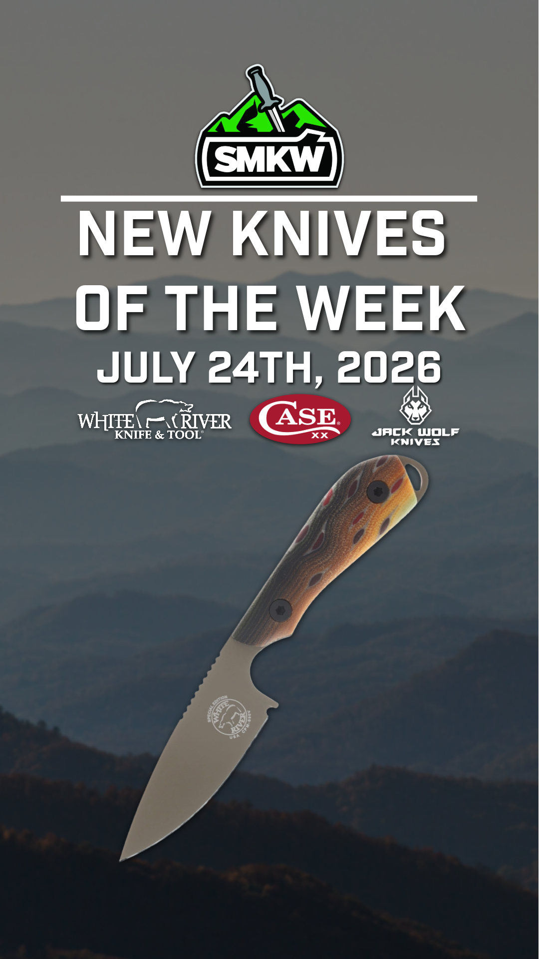 Promotional image for new knives, featuring a knife and text about the release date.