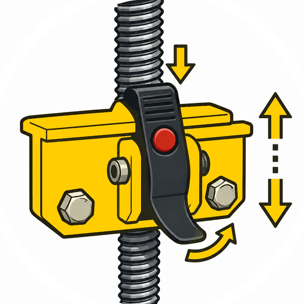 Illustration of a mechanical clamp with adjustable lever and threaded rod.