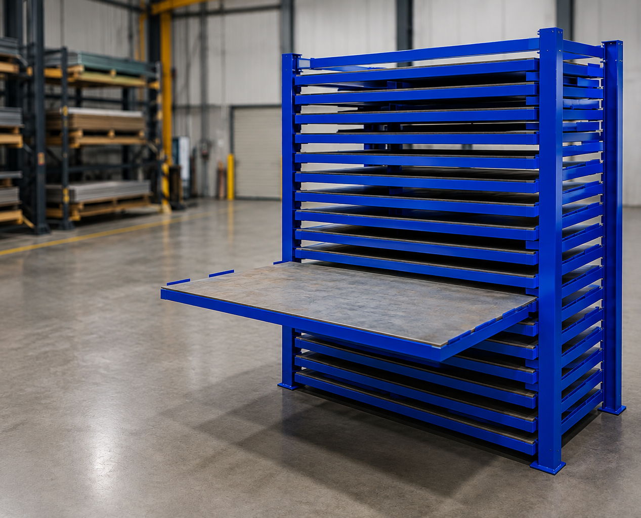 Blue storage rack with a pull-out shelf in an industrial setting.
