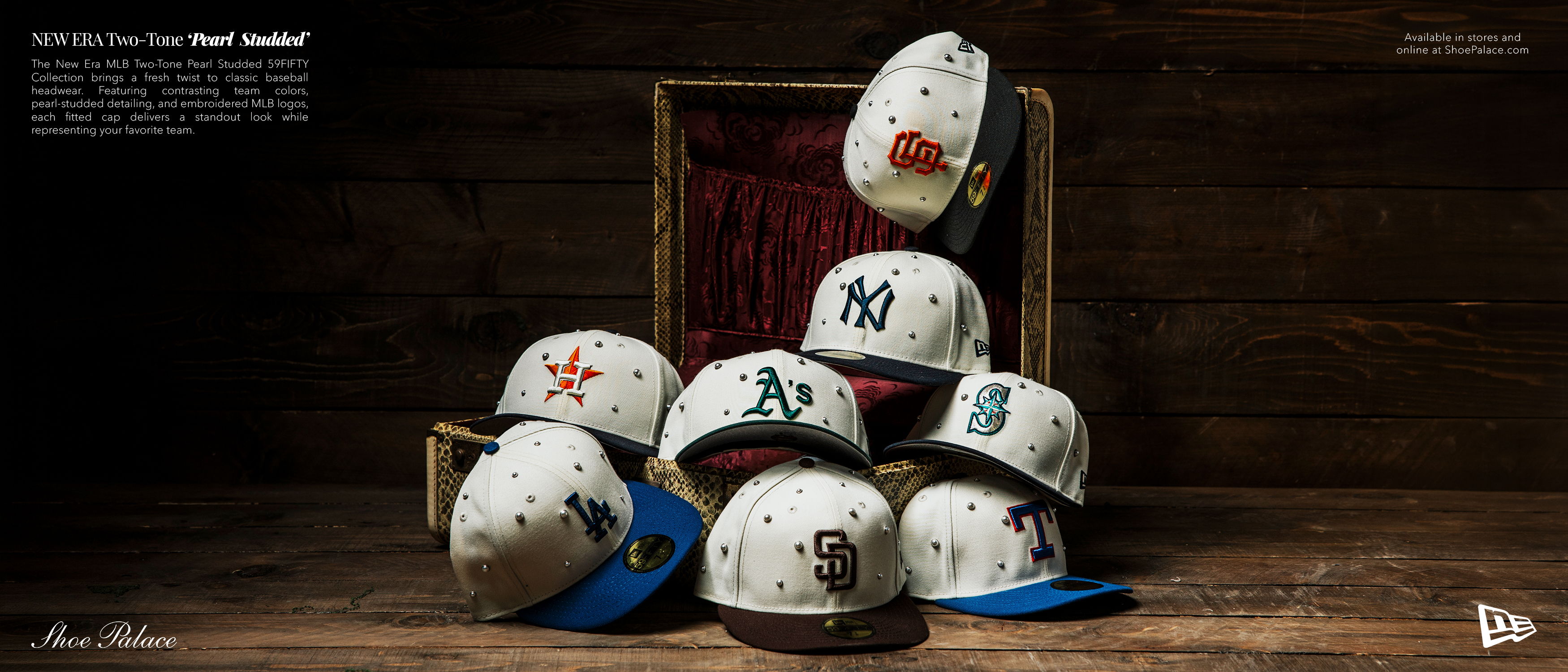 A collection of decorative hats arranged in a wooden box.