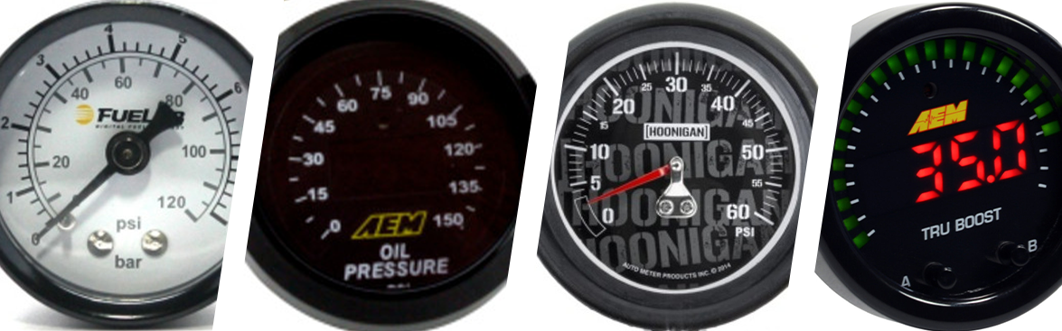 Photo collage of various gauges for cars and trucks.
