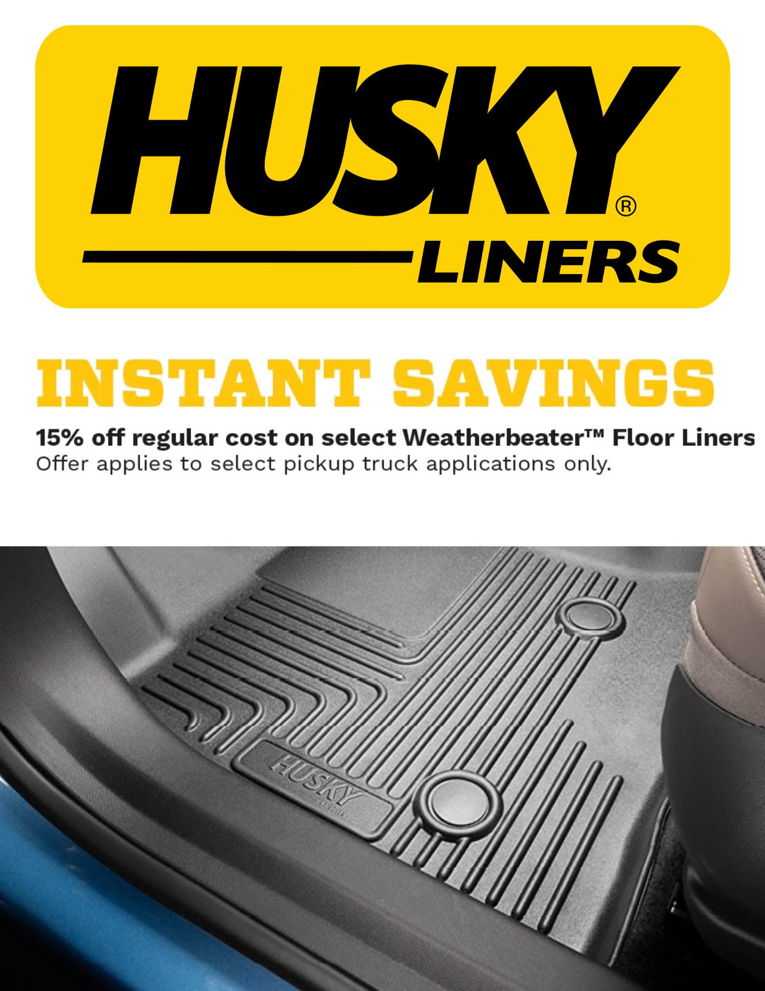 Husky Liners advertisement for Weatherbeater Floor Liners discount.