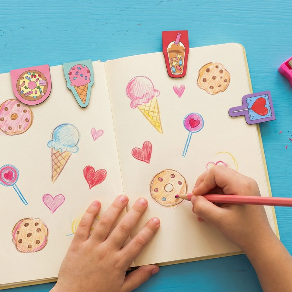 Child drawing ice cream and cookies in a colorful notebook.