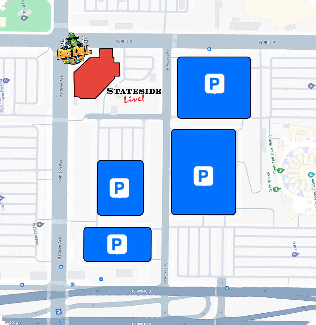 Parking map for The Big Dill Philadelphia at Stateside Live! showing four parking lots off Pattison Ave and N Access Rd near S Broad St