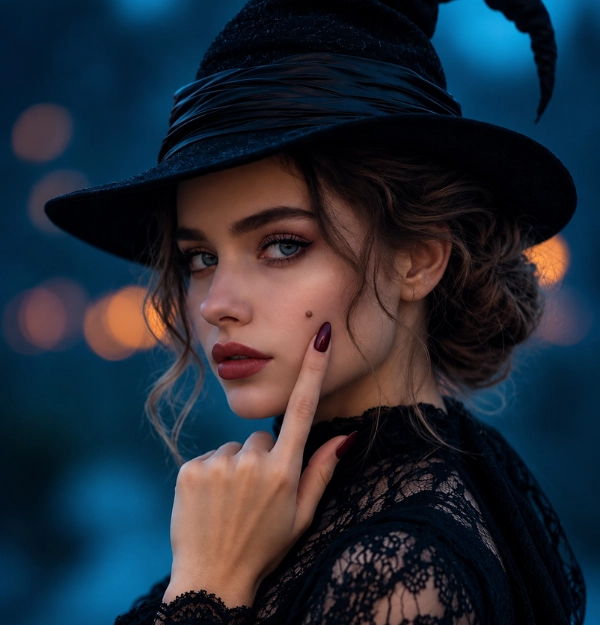 Witchy looking woman pointing to mole on her face - 20% off Mole and skin tag removal in October 