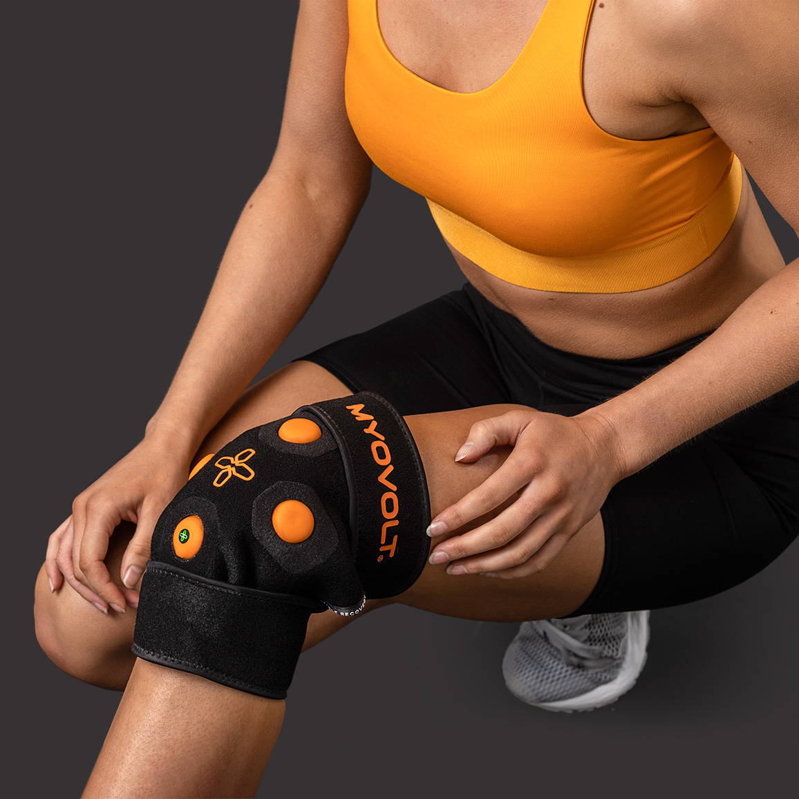 Myovolt Focal Vibration device is worn on the knee for recovery and rehab treatment after running, jumping or intensive exercise. 