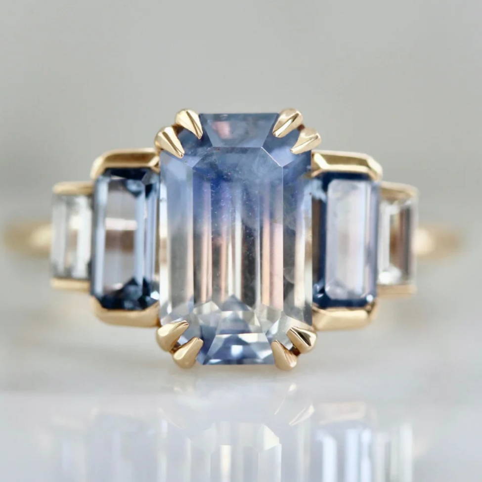 blue bi color emerald cut sapphire ring