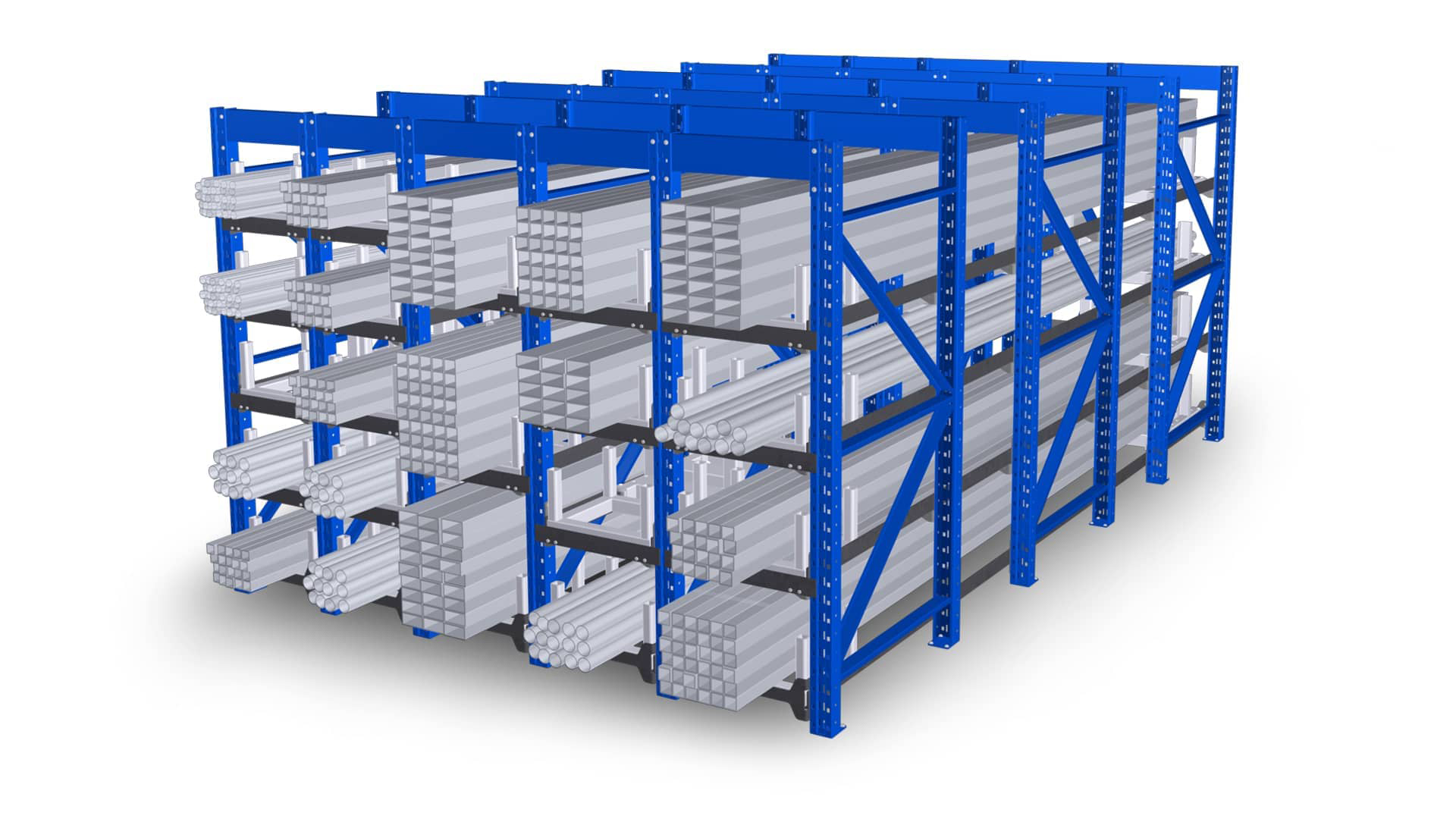 A blue storage rack with multiple shelves holding various items.