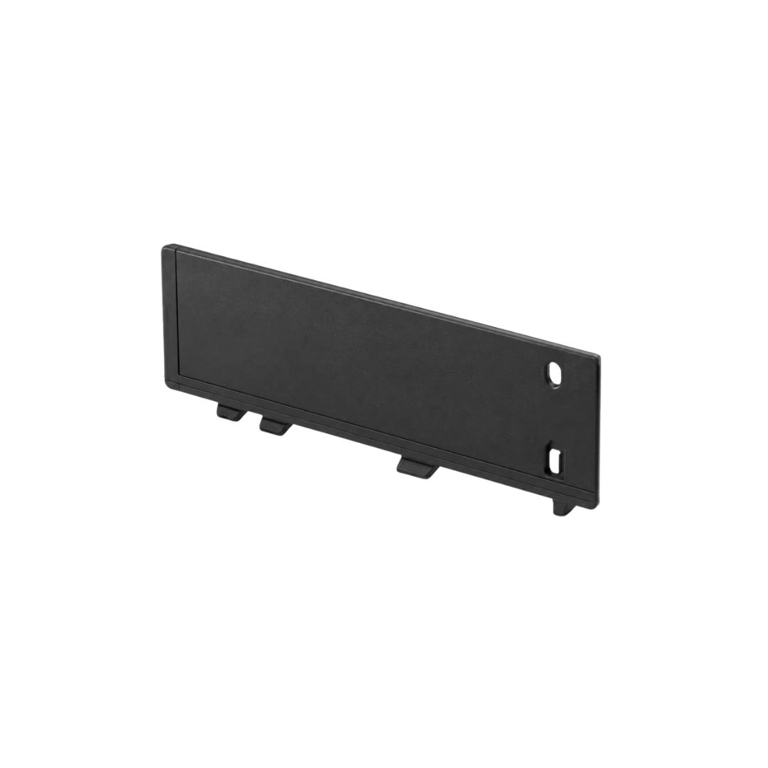 Black plastic panel with two mounting tabs and one hole.