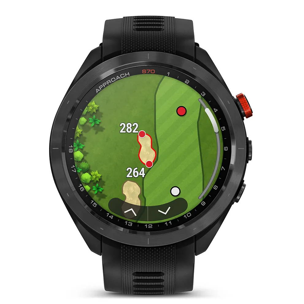 Black Garmin Approach S70 golf watch with hazard distances on the display