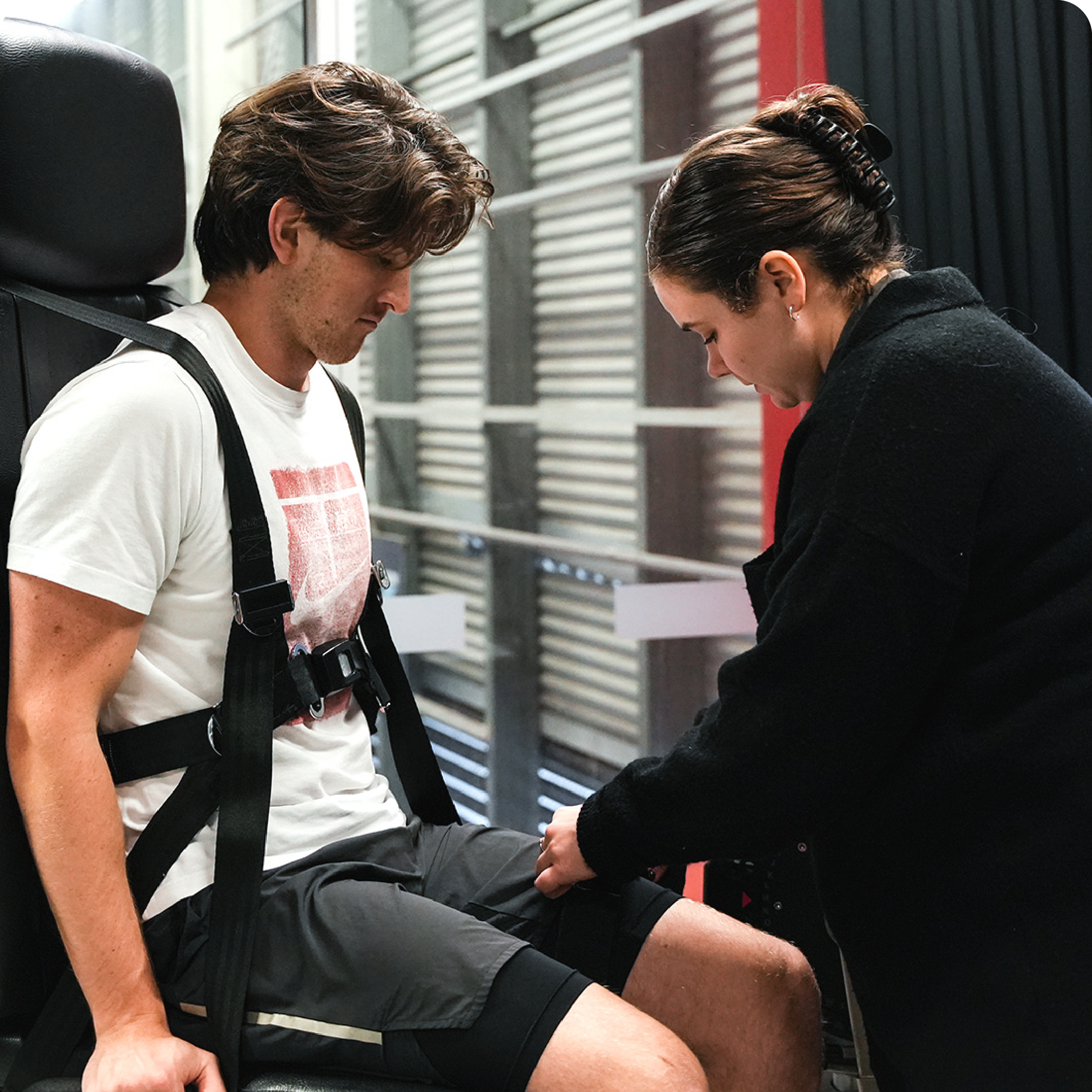 Myovolt vibration therapy leg brace being tested on hamstring muscles in new PhD research of acute effects of localized vibration therapy on neuromuscular performance on athletes. 