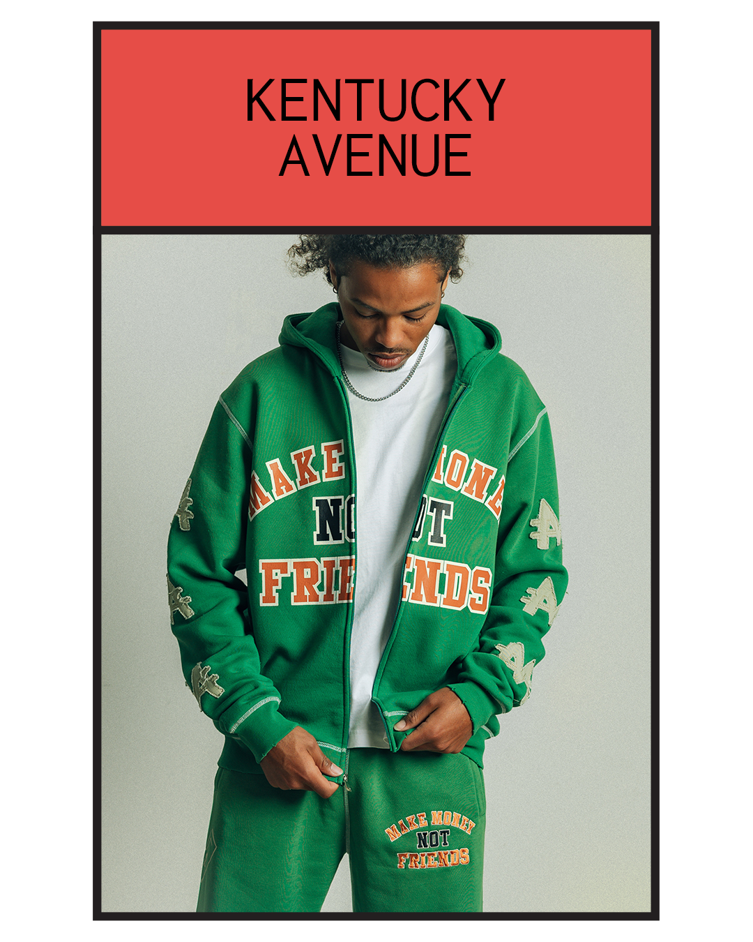 Person in green outfit with text 