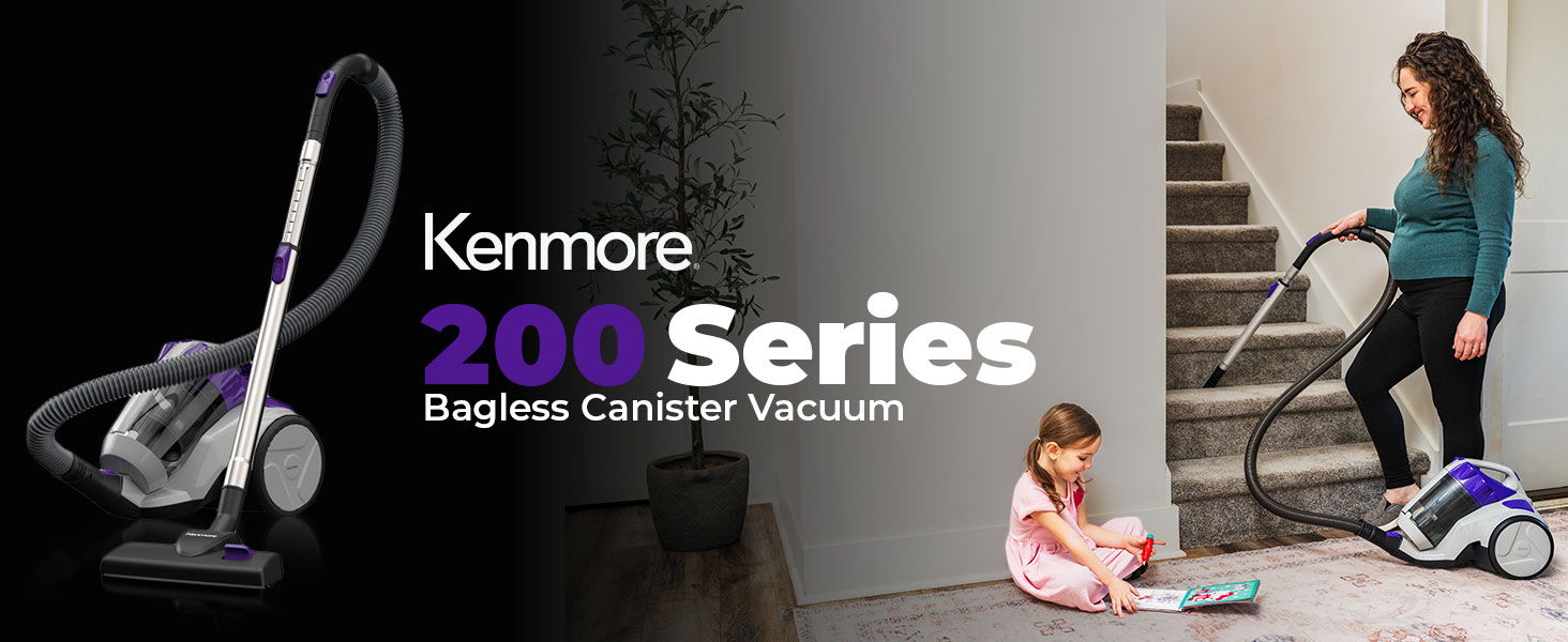Kenmore 200 Series Bagless Canister Vacuum with a woman and child.