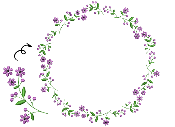 Embroidered flowers layed out creatively in a wreath design