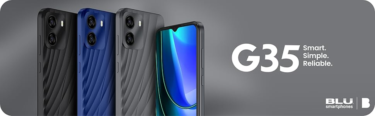 Three smartphones in black and blue with G35 branding.