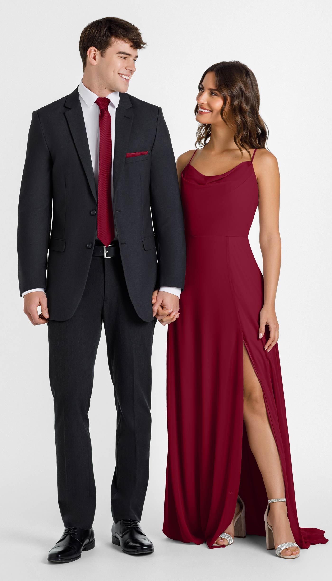 charcoal suit with calret bridesmaid dress
