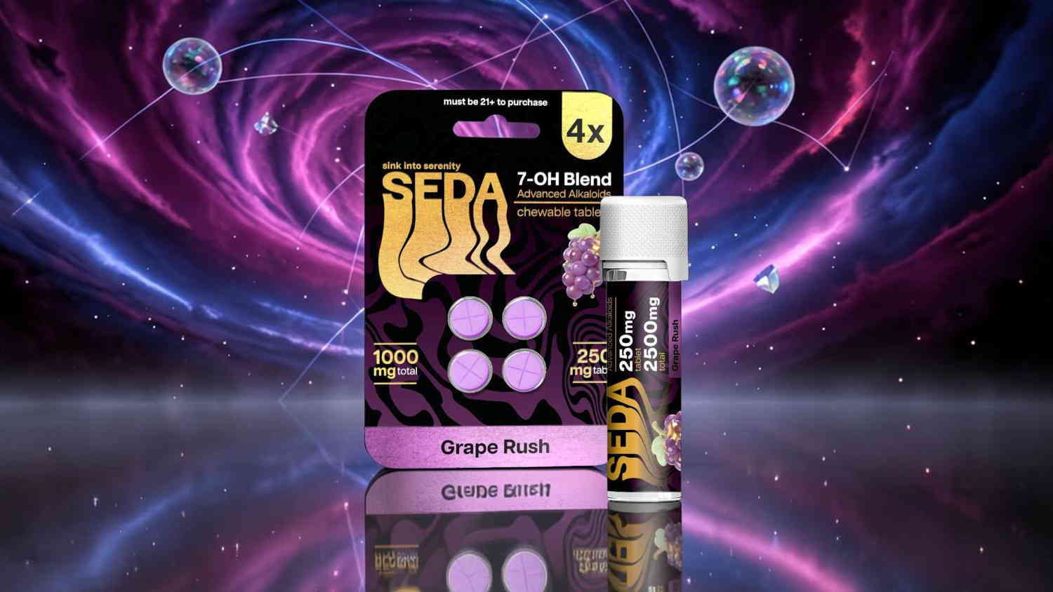 Seda hair product packaging with vibrant cosmic background.