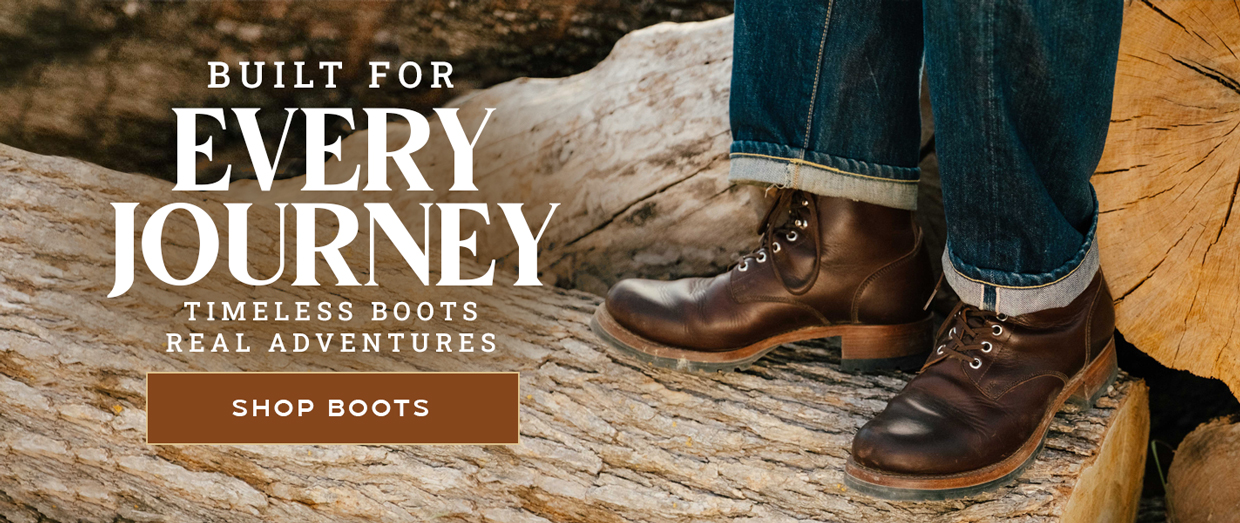 Boots on a log with text promoting adventure footwear.