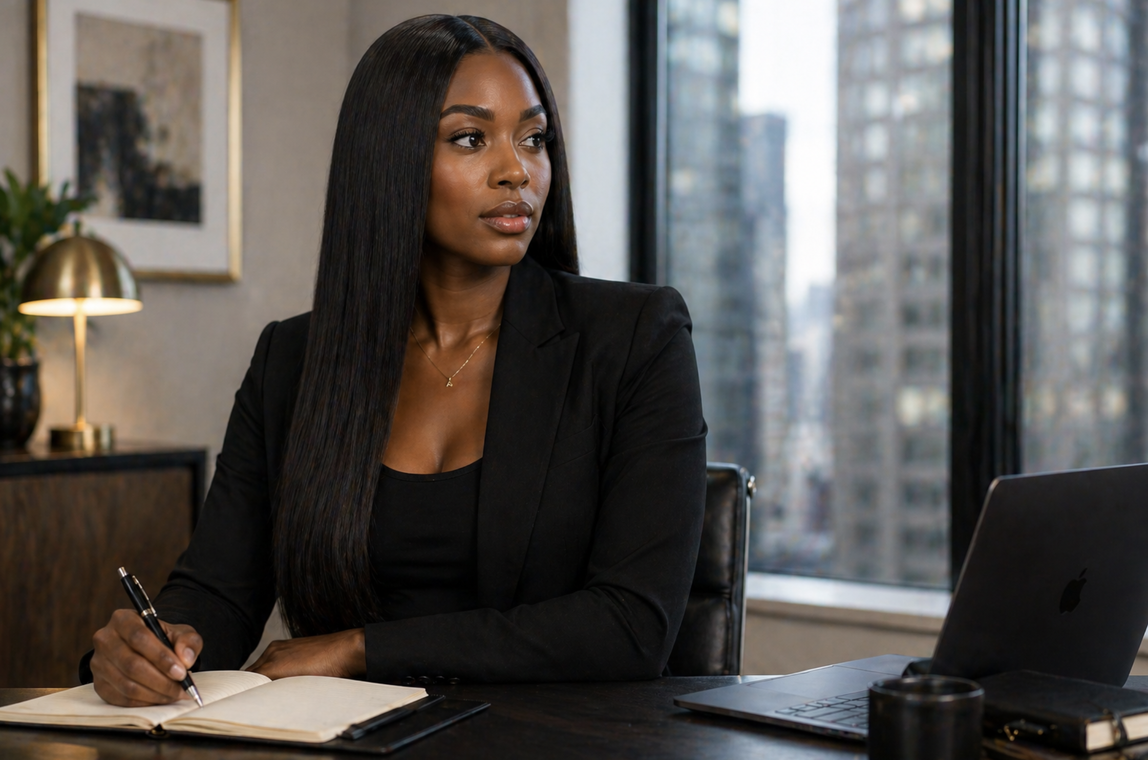 A woman in a black suit sitting at a desk, looking thoughtfully out a window.
