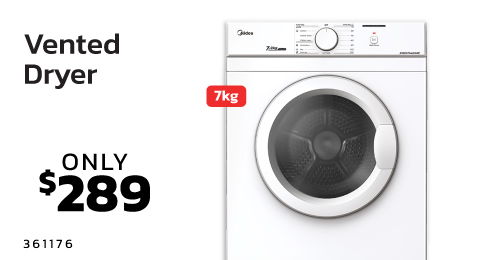 Vented dryer with price tag of $289 and weight of 7kg.