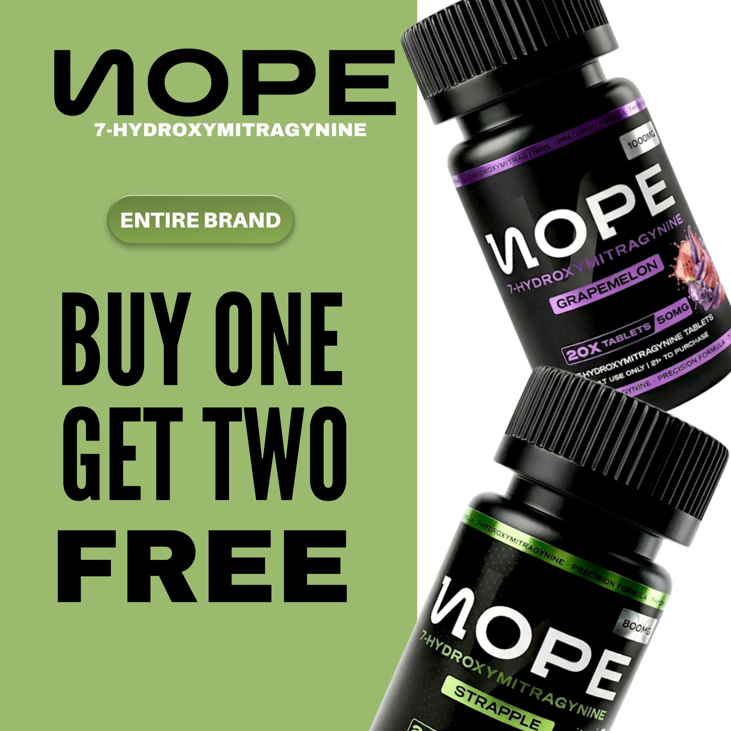 Bottles of NOPE supplement with a promotional offer: Buy one, get two free.