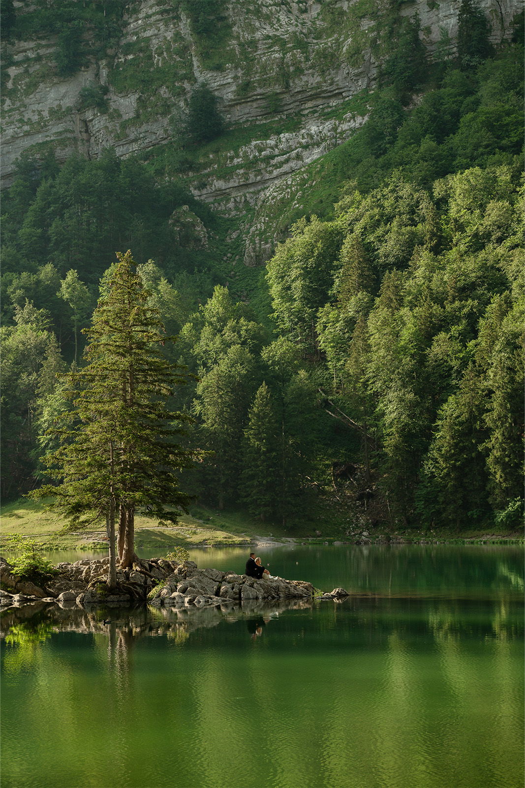 A serene lake surrounded by trees with a person sitting by the shore.