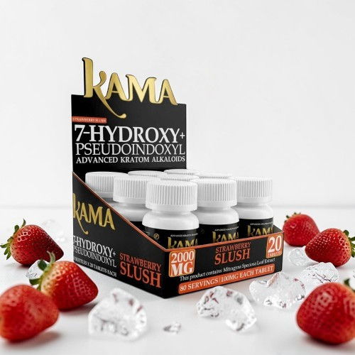 Kama 7-Hydroxy Pseudodominant dietary supplement with strawberries and ice cubes.