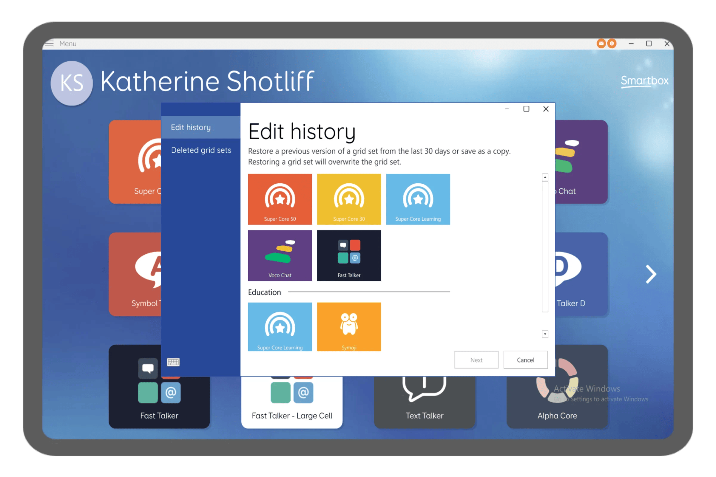 User interface displaying edit history options on a communication device.