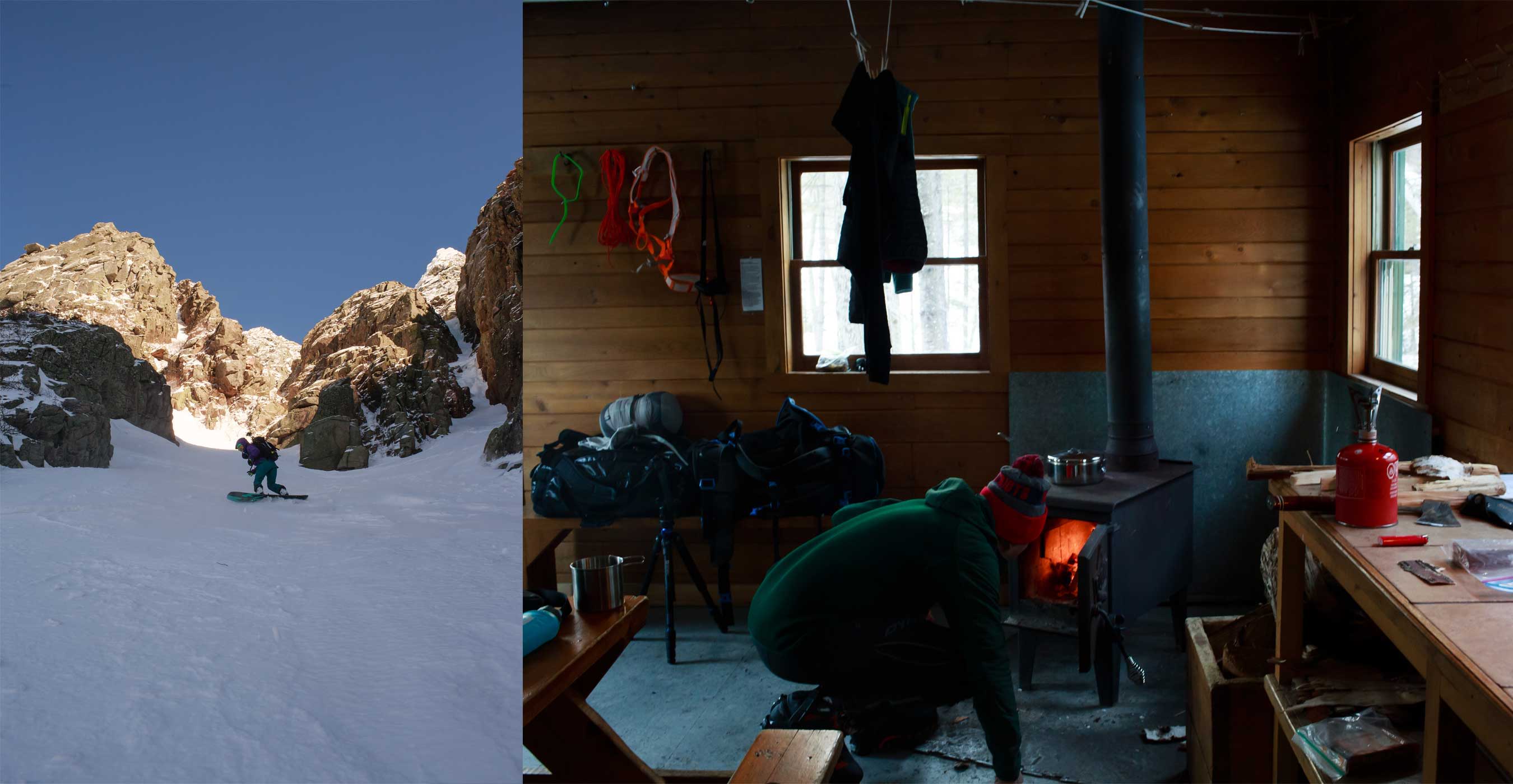 Person snowboarding on snow next to a cozy wooden cabin interior.