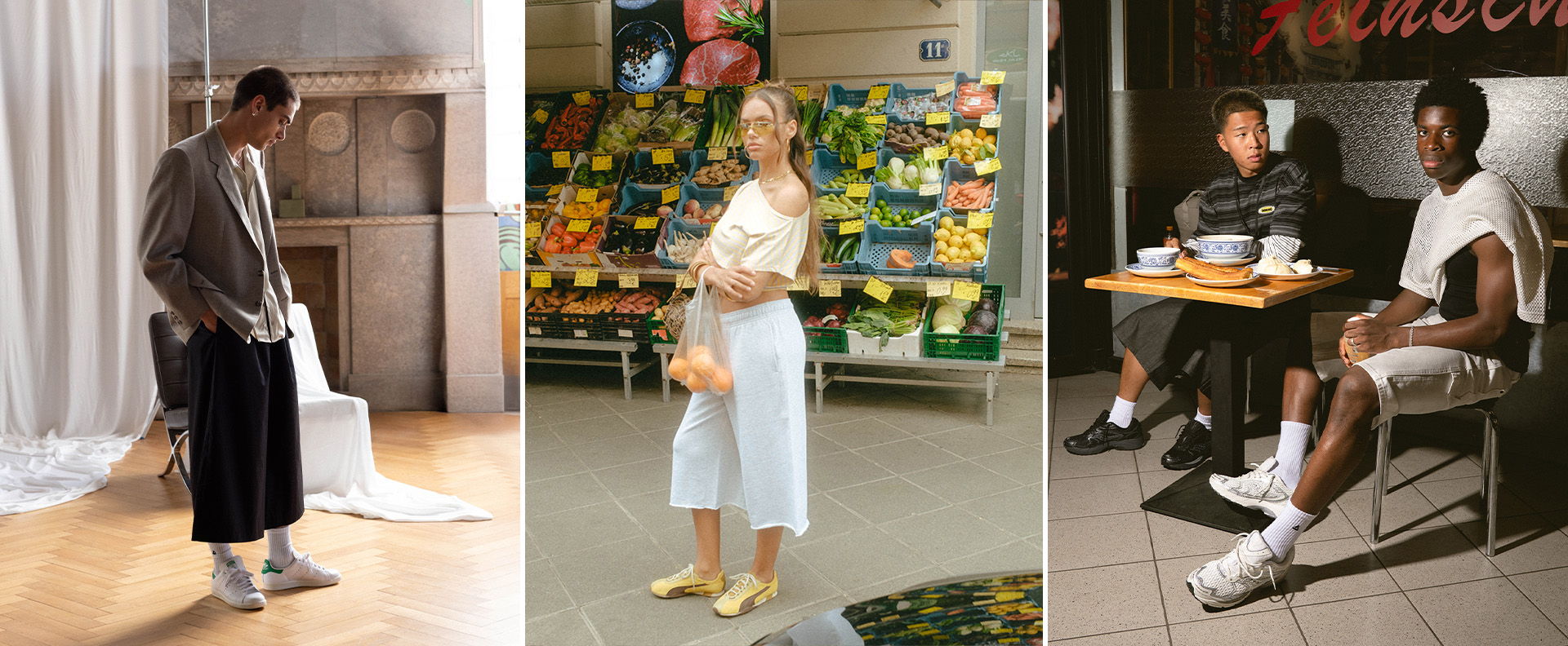Three stylish individuals showcasing contemporary fashion in various settings.