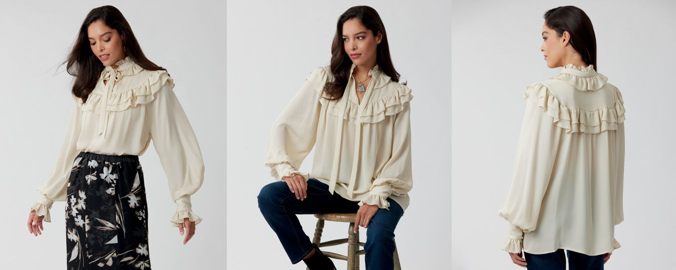 Woman modeling a cream blouse with ruffles and floral skirt in three poses.