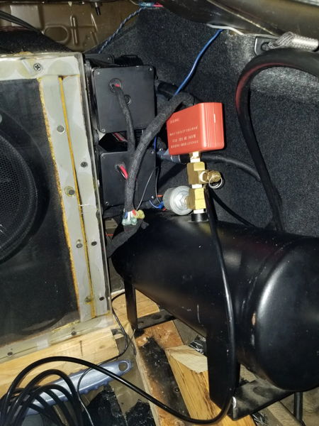 Black air tank HornBlasters pressure switch wooden frame subwoofer enclosure Michael's 2012 Mazda 6 Conductor's Special 244K Spare Tire Delete customer install gallery photo 3