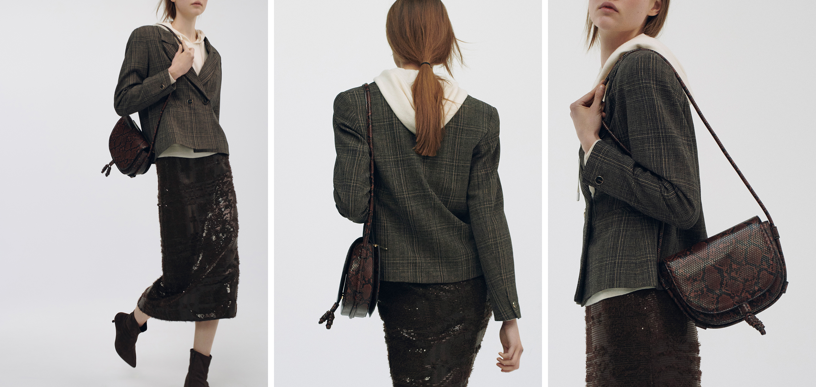 Model wearing a stylish outfit with a bag, showcasing different angles.