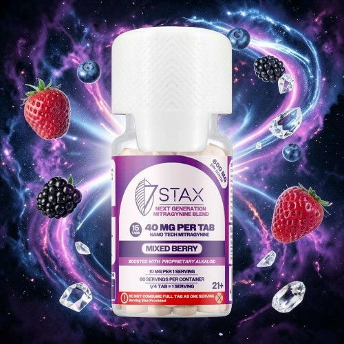 Bottle of STAX product with berries and sparkling effects in the background.