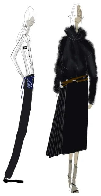 Fashion illustration featuring two models in stylish outfits.