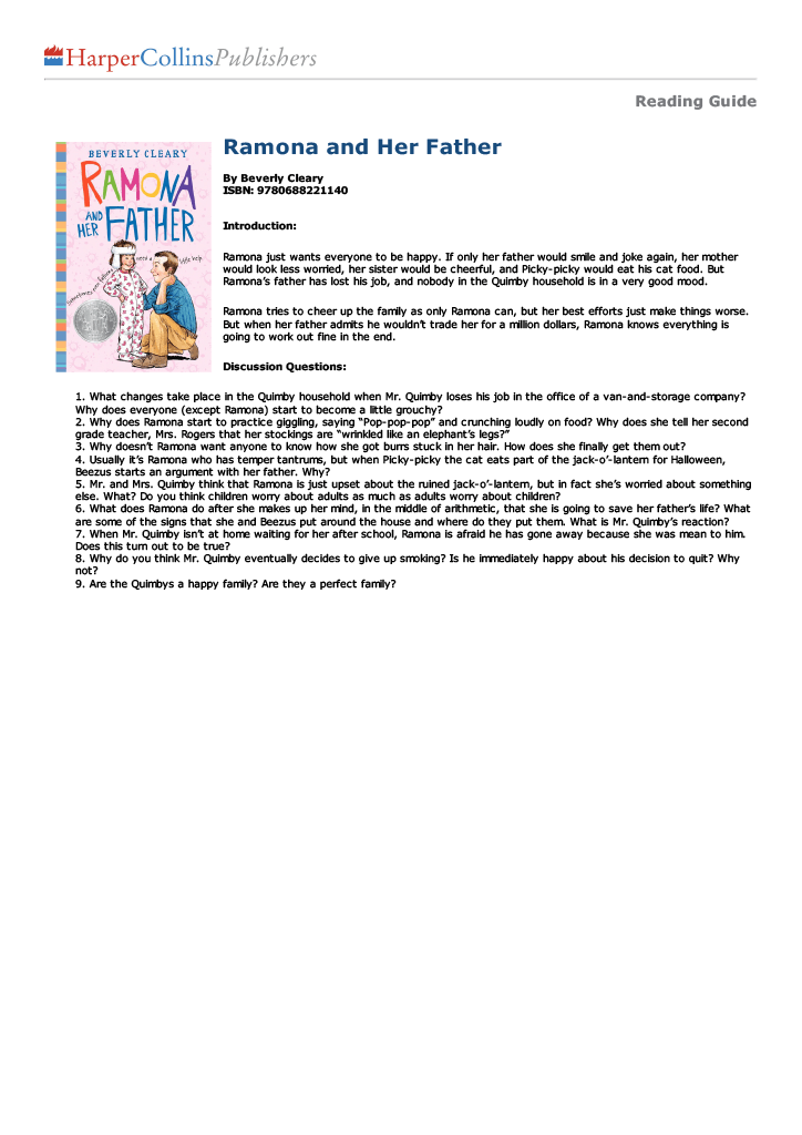 Reading guide for 'Ramona and Her Father' by Beverly Cleary.