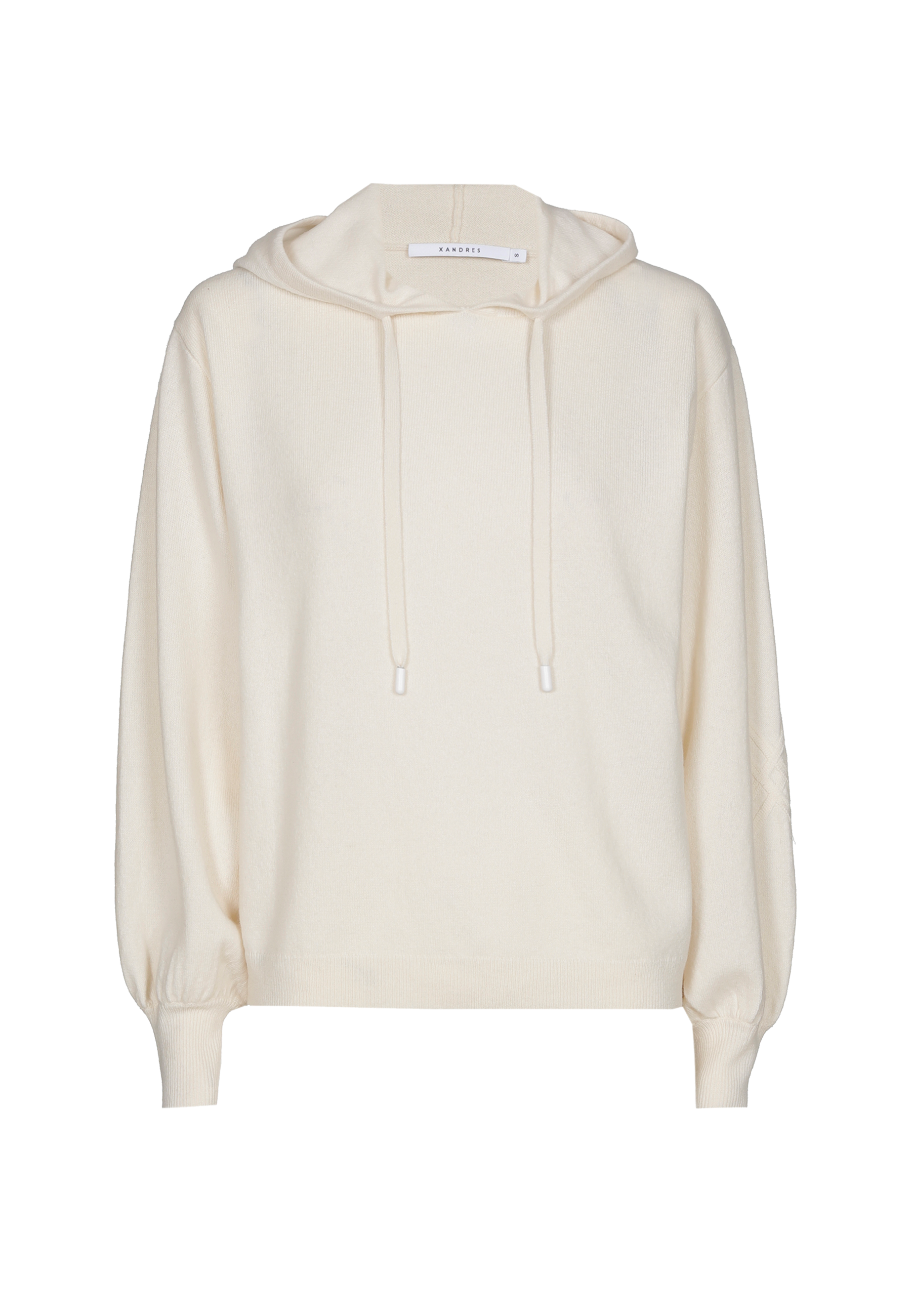 Cream-colored hoodie with drawstrings and balloon sleeves.
