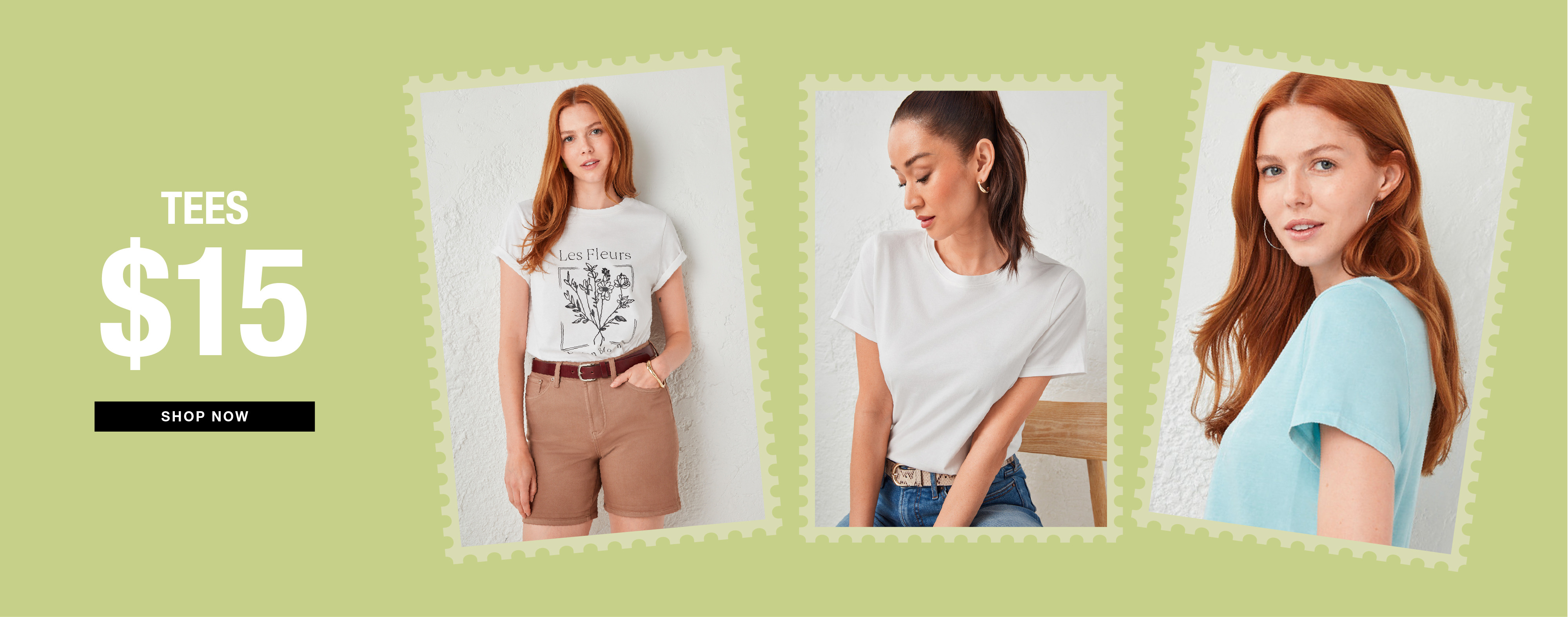 Three women modeling t-shirts priced at $15, on a green background.
