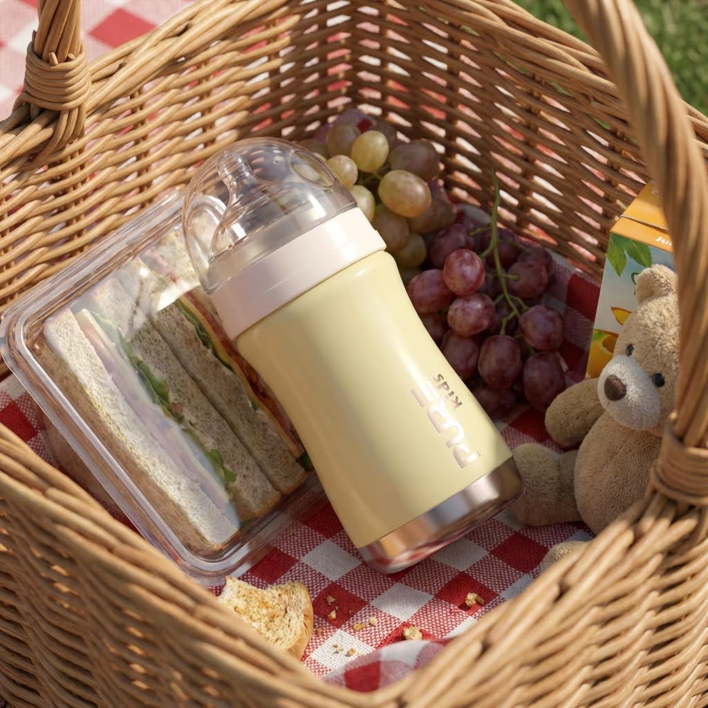 Pastel yellow baby bottle in a wicker picnic basket