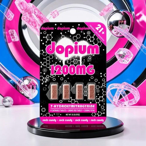 Dopium 1200MG candy package with colorful background and display stand.
