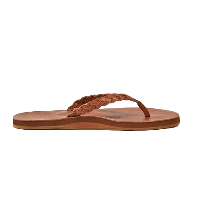 Brown braided flip-flop sandal on a plain background.