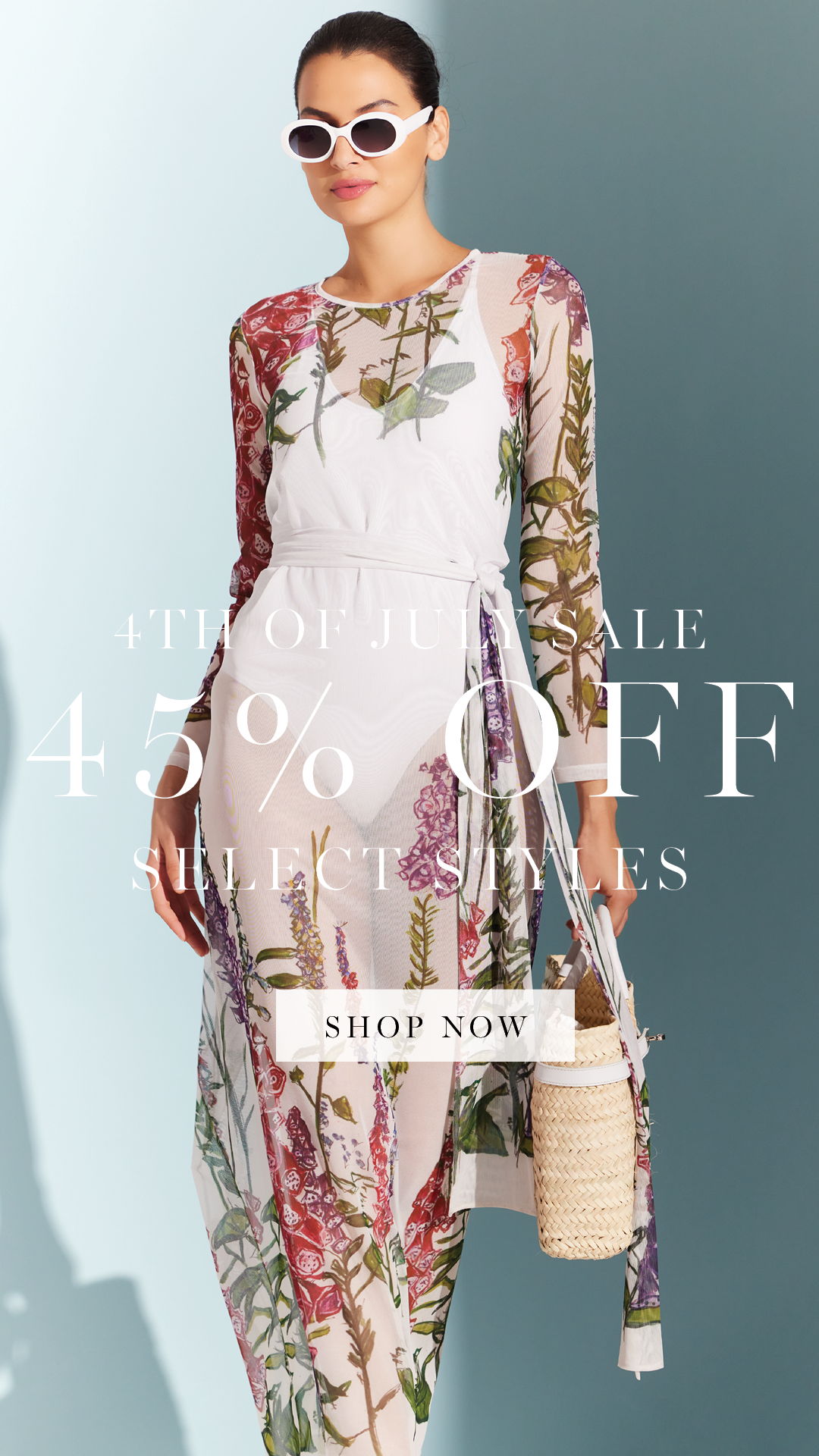Model wearing floral dress, promoting 45% off sale. Shop now.
