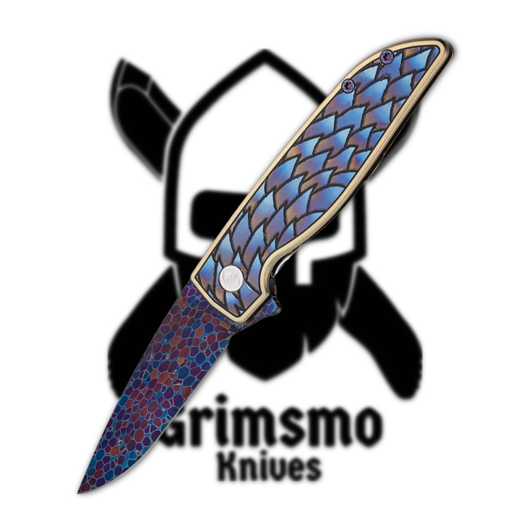 Folding knife with a colorful handle over a logo background.